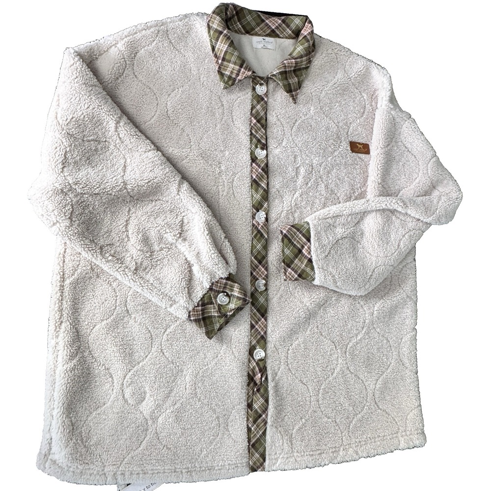 Sherpa Jacket Simply Southern XL Shacket Ivory Olive Flannel Plaid Comfy Layer